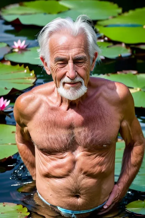 an elder with a long beard and white hair, with a serene face wrinkles, looking producing, body older weak, skinny bones hairy, ...