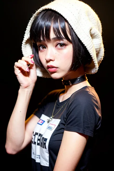 1 youth girl,solo,short hair,bangs,brown hair,open mouth,brown eyes,bright pupils,eyeball,upper body,((black t-shirt)),(from_side:1.3),big eyes,black Choker,(look at viewer),(((black background))),simple background,portrait,adolescent,bandaid,small breasts...