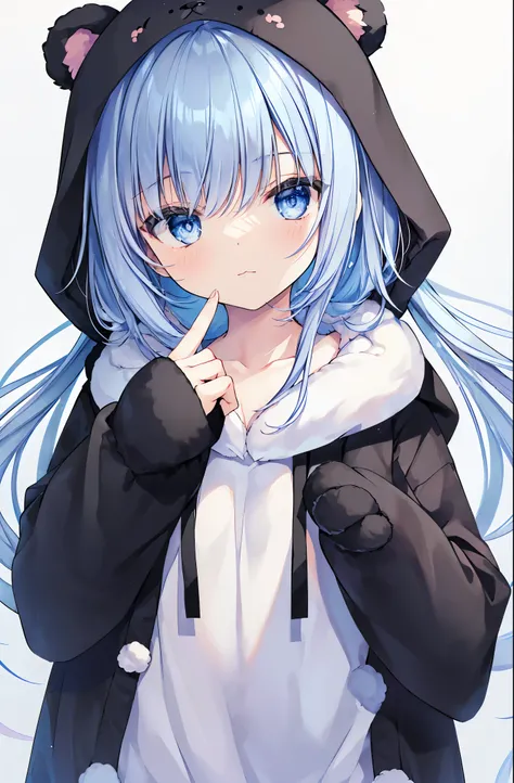 1girl in、facing front、bustup、Upper body、(white backgrounid)、depth of fields、(simple background)、Two-side-up、Absolute area、Light blue hair、BREAK (Fluffy bear costume pajamas:1.4), (Open pajamas:1.2), (Black pajamas:1.4), Animal Hoodie, Hood Up, Bear hoodie,...