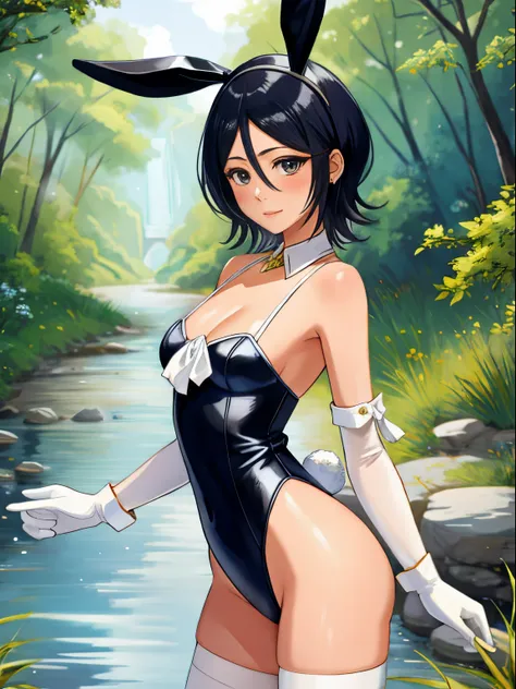 Rukia kuchiki, 1girl, solo, small breasts, looking at viewer, blush, large breasts, nature, pond, trees, park, long white elbow satin gloves, holding, animal ears, cleavage, bare shoulders, jewelry, very l, gentle smile, pantyhose, earrings, rabbit ears, b...