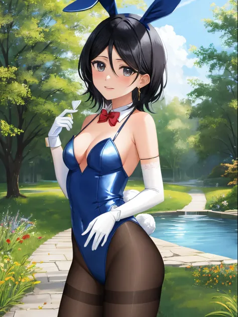 Rukia kuchiki, 1girl, solo, small breasts, looking at viewer, blush, large breasts, nature, pond, trees, park, long white elbow satin gloves, holding, animal ears, cleavage, bare shoulders, jewelry, very l, gentle smile, pantyhose, earrings, rabbit ears, b...