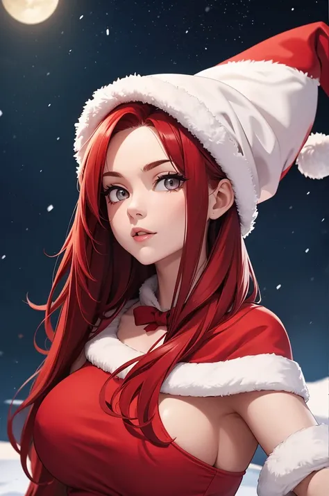 1 woman, long red hair, Gray eyes, Santa suit, masterpiece, perfect face. christmas hat