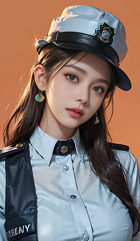 background, (Wearing a policewoman uniform and hat: 1.4), Good hands, 4K, High resolution, masutepiece, Best Quality, Head: 1.3, ((Hasselblad photo)), Fine skin, Clear focus, (Cinematic lighting), Soft lighting, Dynamic Angle, [:( Detailed face: 1.2): 0.2]...