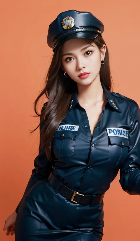 background, (Wearing a policewoman uniform and hat: 1.4), Good hands, 4K, High resolution, masutepiece, Best Quality, Head: 1.3, ((Hasselblad photo)), Fine skin, Clear focus, (Cinematic lighting), Soft lighting, Dynamic Angle, [:( Detailed face: 1.2): 0.2]...