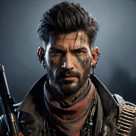 Close-up of a man holding a gun and scarf, Unreal 5. RPG portrait, unreal engine character art, portrait of adam jensen, small person. Unreal Engine5, Trending on artstationhq, Unreal Engine 5 », cinematic realistic portraits, Popular topics on Unreal Engi...