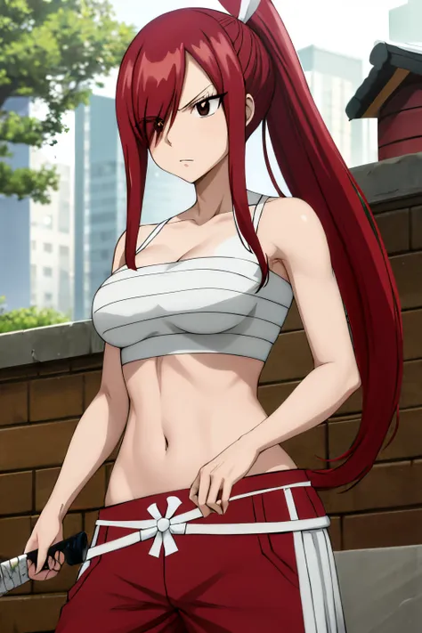 masutepiece, best quality, hight resolution, fairy tail, 1girl in, long hair, red hair, ponytail, white ribbon, hair over one ey...