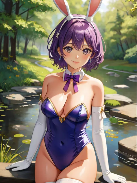 defBernie, purple hair, 1girl, solo, small breasts, looking at viewer, blush, large breasts, nature, pond, trees, park, long white elbow satin gloves, holding, animal ears, cleavage, bare shoulders, jewelry, very l, gentle smile, pantyhose, earrings, rabbi...