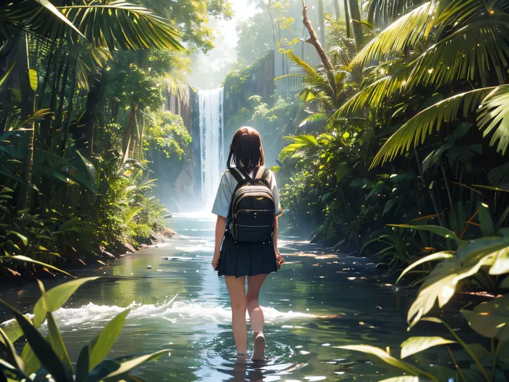 A high school girl explores the Amazon jungle with a laptop in hand....、Walk in the river、Knee-deep in water、Travel across the river on the back of a crocodile