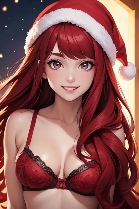 1 woman, long red hair, Gray eyes, bra, masterpiece, perfect face, Santa hat, smile, Christmas