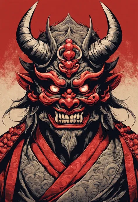 illustration of a demon with two swords and a skull, demon samurai mask, oni mask, villain wearing a red oni mask, samurai mask,...