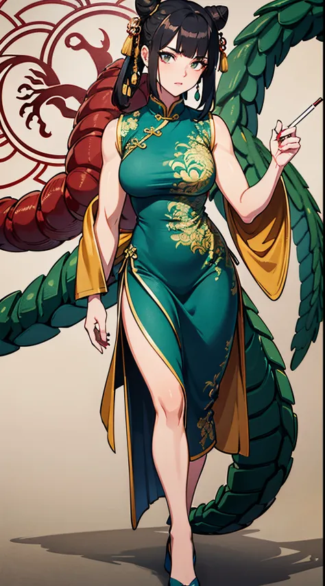 masterpiece, highres, ultra detailed, (ultra-detailed background, detailed background), green dragon girl, 1girl, monstergirl, dragon like girl with dragon tail, perfect face, long black hair, chinese haircut, hair bun, red and golden color of dress, detai...