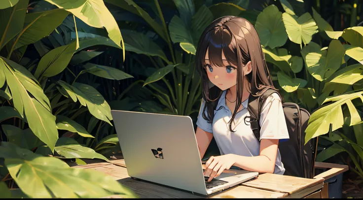 A high school girl explores the Amazon jungle with a laptop