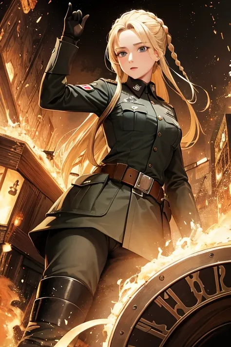 german army girl, third reich nazi, ss officer ww2, blond hair, braidasterpiece, top quality, best quality, official art, beautiful and aesthetic:1.2), (1girl:1.3), (fractal art:1.3),