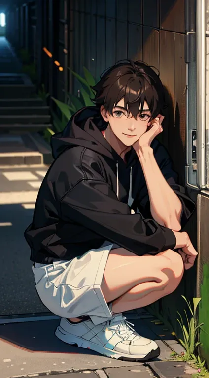 (absurdres, highres, ultra detailed, HDR), masterpiece, best quality, 1boy, solo, handsome, dark brown hair, finely eye and detailed face, forehead, mole under his eye, black oversized hood, (white shorts), sneaker, ear piecing, squatting, plant, flower, b...