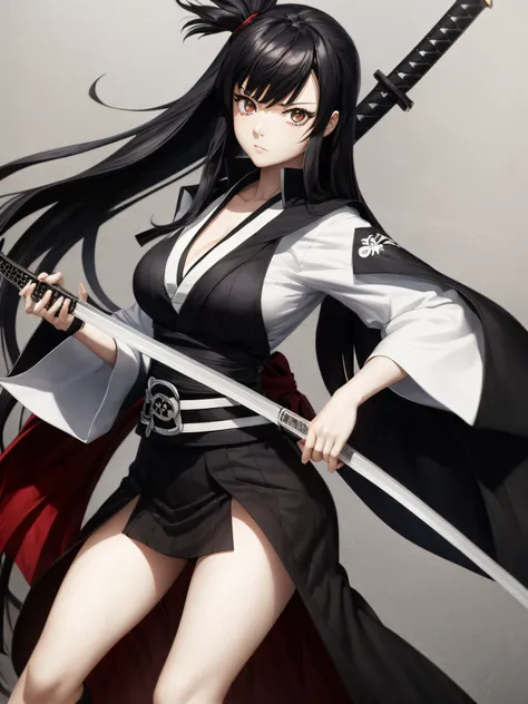 1 girl, soul reaper outfit from bleach, black long hair, katana sword, black eyes, 8k, master piece, looking at viewer