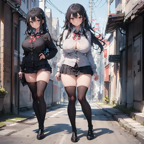 (solo girl standing:1.3), (huge perky breasts:1.7), thin waist, (thin long legs:1.5), (black thighhighs:1.3), (very short skirt:1.5), nose blush, school uniform