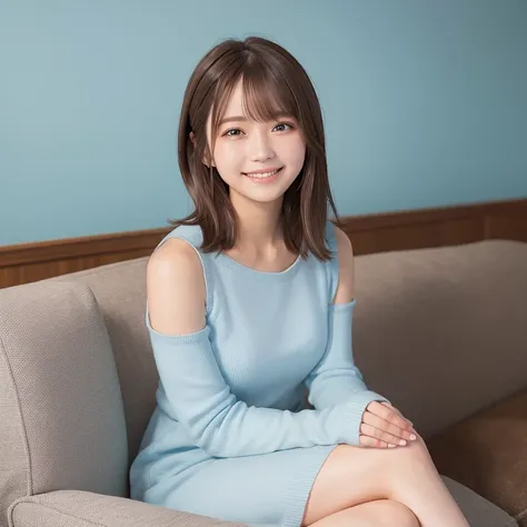 light blue knit dress, sofa, livingroom, Smile, Brown hair, shoulder-length hair, White wall background, Very white skin