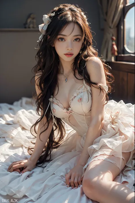 Romantic Rosette dress2, fashi-girl, red lips, mature female, makeup, Big eyes. Pretty eyes, ((Random shooting angles)), (best quality, masterpiece:1.2), ultra-detailed, (realistic:1.37), beautiful, youthful, glamorous model with (detailed eyes, detailed l...