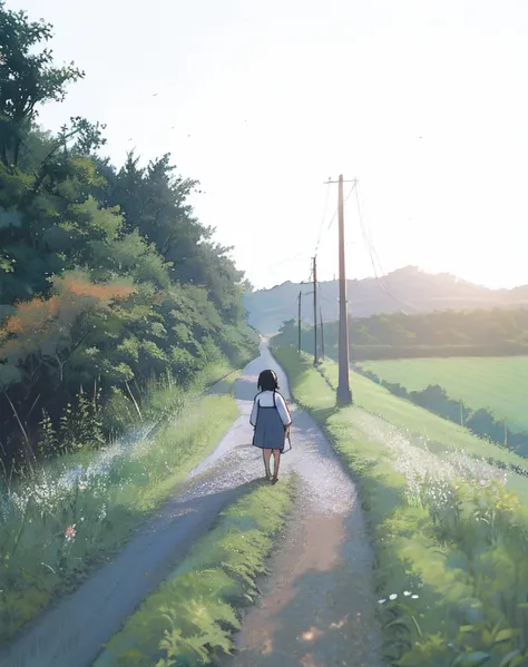 there is a woman walking down a dirt road with a suitcase, wide film still, shot on 16mm film, long shot kodak portra 4 0 0, a 35mm photo, rinko kawauchi, shot with a arriflex 35 ii, countryside in japan, by Hiroyuki Tajima, shot with a canon 35mm lens