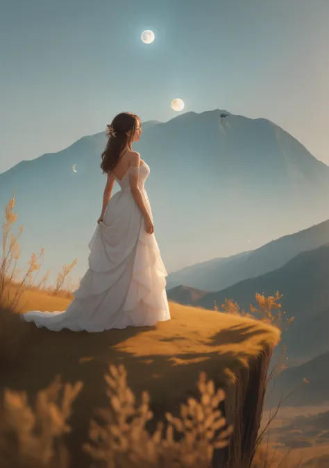 There is a woman standing on the cliff in the distance. She stands there heroically admiring the moon. She is wearing a gauze dress, fluttering in the wind, and her figure is tall and straight. The picture is beautiful and real, ——ar2:3 --auto --s2