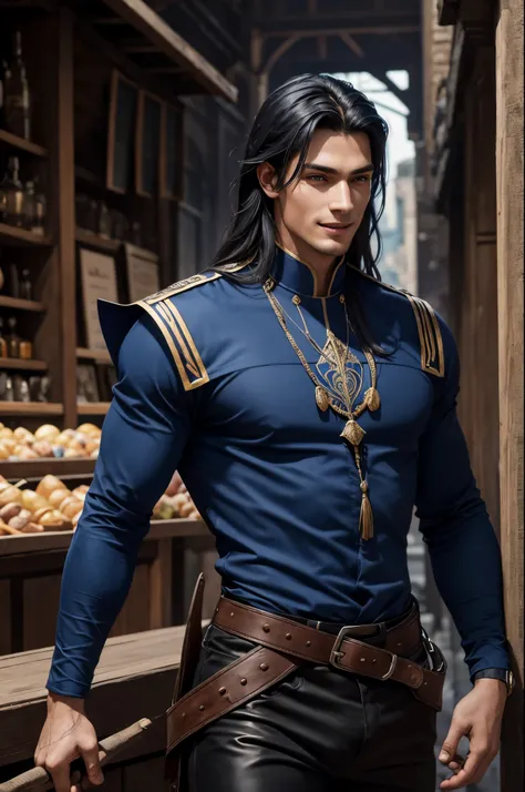 8K,Close-up of a devil wearing a blue and black shirt, beautiful young devil, Super handsome(Like the real thing)super realistic skin,Young men,blue-black long hair,graphic artist magali villeneuve, very stylish fantasy black pants,Stunning character art, ...