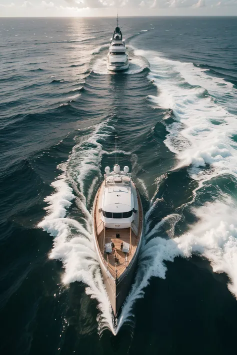 A super yacht is sailing in huge waves in the clear sea. Black pearl color. Top view. Broad perspective. Green island in the distance can be seen. The yacht is turning and tilting for a side view, reflecting the light of the scorching sun.