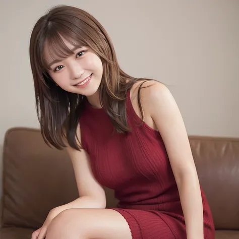 Red knitted dress, sofa, livingroom, Smile, Brown hair, shoulder-length hair, White wall background, Very white skin