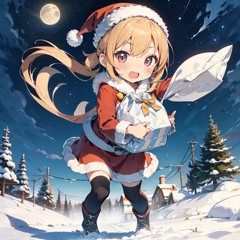 ((chibi)), Santa Claus girl desperately dragging a white bag, snowy night sky,