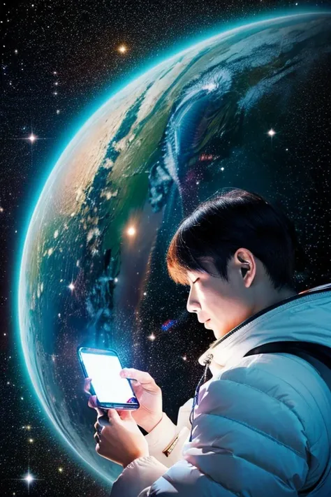 A Japanese man looks at his smartphone in space filled with cute girls