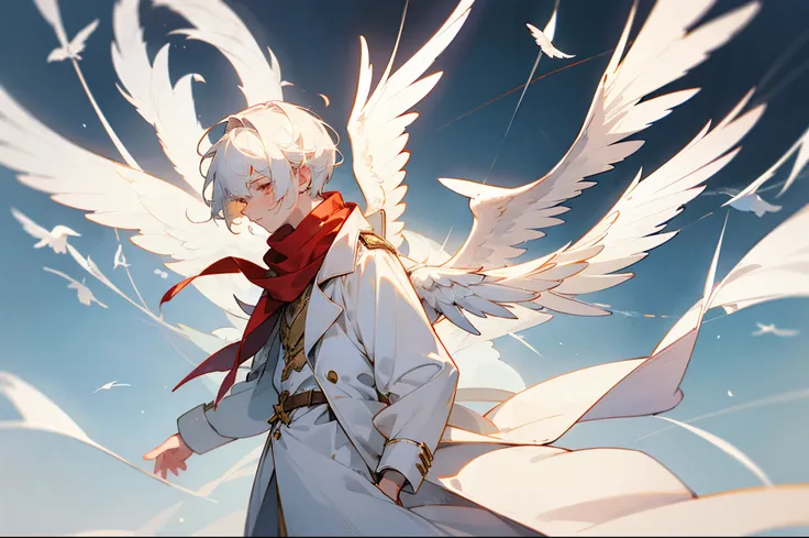 A boy with short white hair，Alone，One guy，male people，angelicales，A pair of white feather wings on the man&#39;s back，A white halo on the head，White doves flying in the sky，Golden eyes，Handsome，silent，Red scarf，White trench coat，Detail of gray armor，In hea...