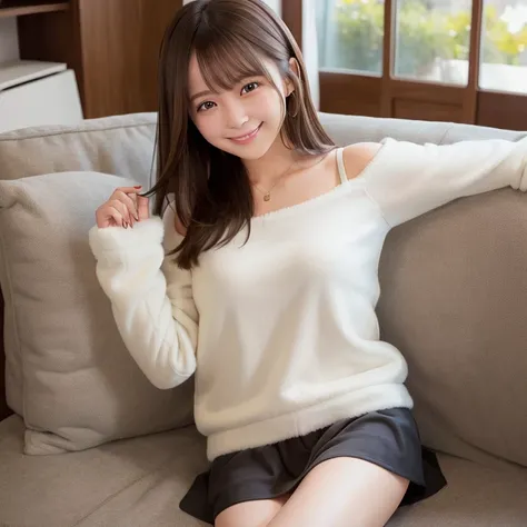 Fleece material、a miniskirt, sofa, livingroom, Smile, Brown hair, shoulder-length hair, Very white skin、