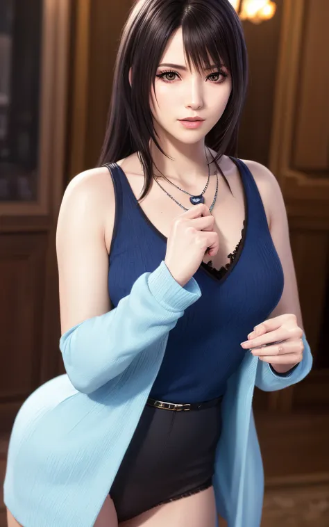 rinoa, blue duster, blue wristbands, holding necklace, portrait body, black panty, unparalleled masterpiece, ultra realistic 8k CG, perfect artwork, clean, beautiful face, pure face, pale skin, intricate detail, prestige, gorgeous, luxury, fancy ballroom