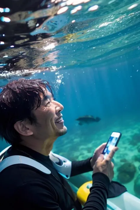 A 50-year-old Japanese man looks at his smartphone while floating in the deep sea.,handsome smiling old man