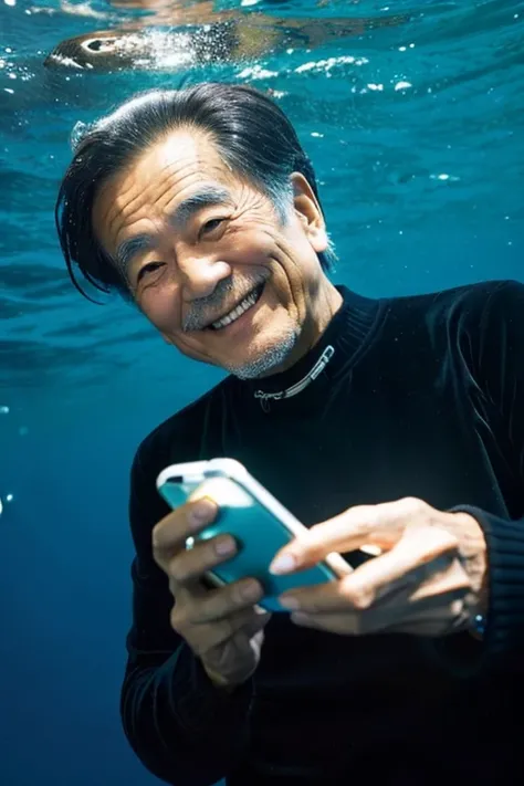 A 60-year-old Japanese man looking at his smartphone in the deep sea,handsome smiling old man