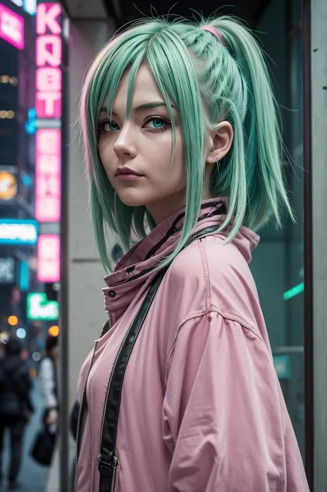 maam, Real people, Green hair，pink locks, eBlue eyes, Japanese cartoon, Alone, modern, cyber punk perssonage