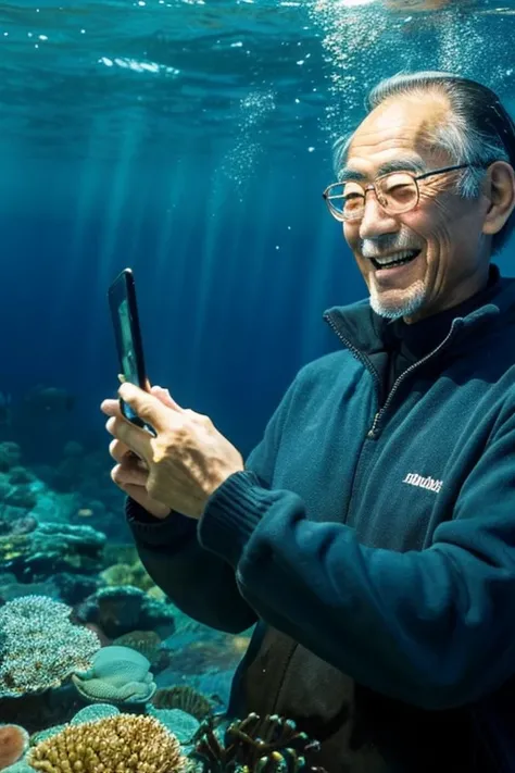 A 60-year-old Japanese man looking at his smartphone in the deep sea,handsome smiling old man