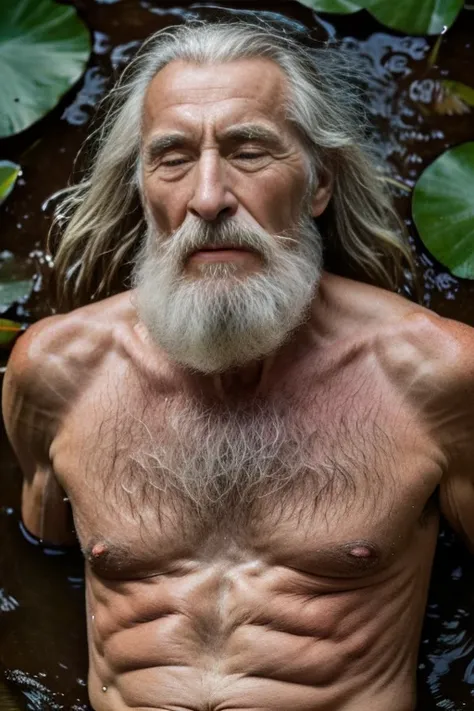 John Glover, An elder with a long beard and white hair, with a serene face wrinkles, looking producing, body older weak, skinny bones hairy, body naked, his shirt was open to reveal his stomach wrinkles older hairy weak and chest, arms legs neck hands feet...