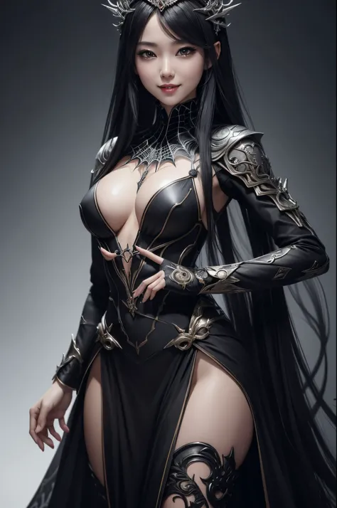 8K,There are people taking pictures wearing black and white dresses., Eyes,High quality detailed art by Yang K, fanart best artstation, very detailed Artgerm, inspired by Yang Jin, Fantasy Art Style, a beautiful fantasy empress, tiny chest,Spider crest(Pre...