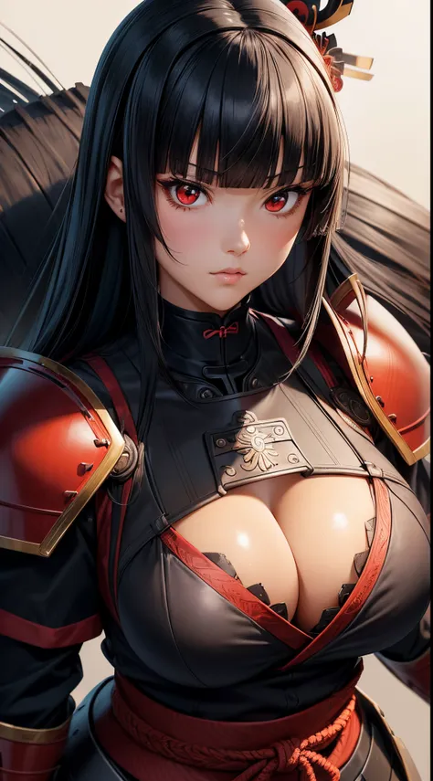 ((Best Quality)), ((masutepiece)), (Detailed), Perfect face　A detailed face　younggirl　cleavage of the breast　red eyes　long, thick black hair　 Blunt bangs　Solid background color　is standing　wear samurai armor