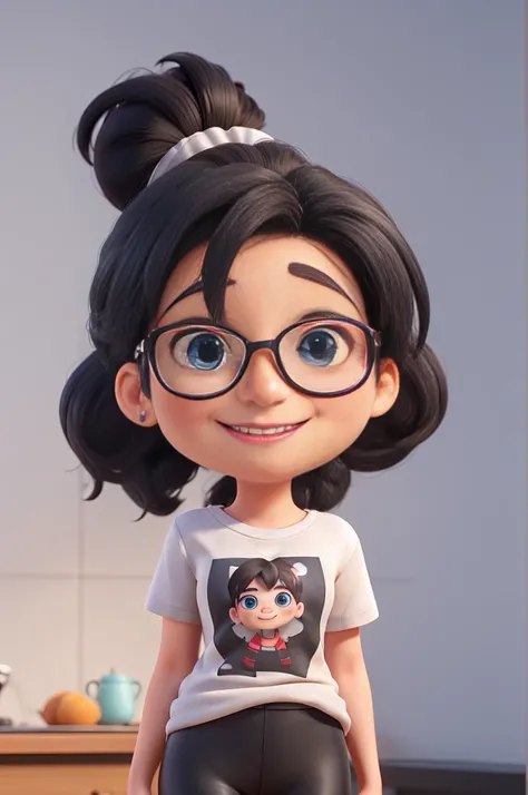 european woman, blue eyes, freckles, short black hair, ponytail, Silver metal glasses, cute tshirt, black leggins, chibi style, smiling