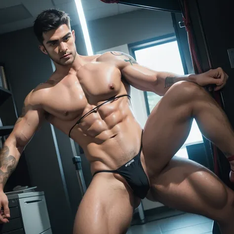 Hot,musculous,(((very thigh micro string Thong)))，legs are open，show off big bulge.，Tattooed with_Both sides， Tattooed with_Show on the_his_the face ， handsome , hunk , ((puffy nipples)) , (swollen nipples) , (big nipples) , (unreal engine) , (octane rende...