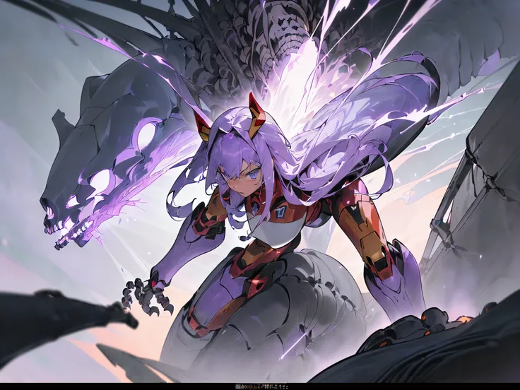 (creates 4 2D HD manga in which the Afro-black female character wears a techno suit based on the style of the 2D anime DARLING IN THE FRANXX,is standing and creates an energy attack with a bestial technological weapon bazuka with his hands based on the sty...