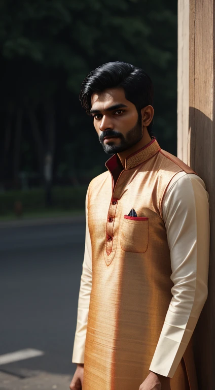 indian man, 25-years old, traditional kurta, braclet in hand, Standing in the rain, 3D rendering, hyper-realistic, shot on Indian road, natural daylight, cara de homem, gritar, real, armature, best quality, ultra high res, (photorealistic:1.4),, high resol...