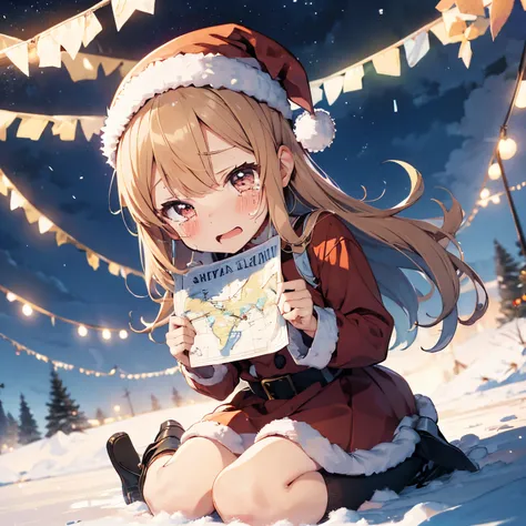 ((chibi)), Santa girl is crying, holding map, snowy night sky,