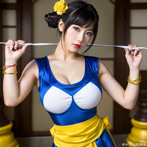 ((Chun-li from street fighter series))(she has big glowing eyeright red lips) (two bun hairstyle tied with long hair band)(dark eyeshadows make up)((very huge tits)) (perfect slim body) (wears blue qi pao dress with yellow ornament, black bracelets, long w...