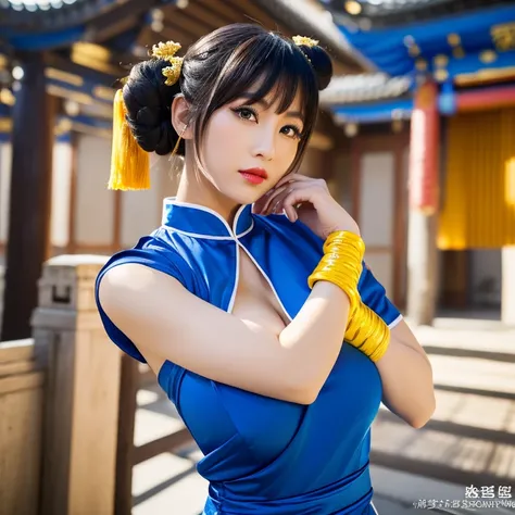 ((Chun-li from street fighter series))(she has big glowing eyeright red lips) (two bun hairstyle tied with long hair band)(dark eyeshadows make up)((very huge tits)) (perfect slim body) (wears blue qi pao dress with yellow ornament, black bracelets, long w...