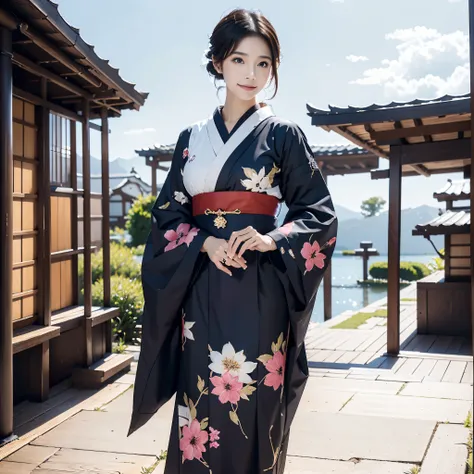(Super beautiful woman in kimono)、((best qualtiy、8k masterpieces:1.3))、White kimono、foco nítido:1.2、(ultra beautiful faces:1.0)、(shinny skin:1.0)、photos realistic、、from the front side、medium breasts、With a happy smile、Slender Abs Beauty、Whole body、wearing ...