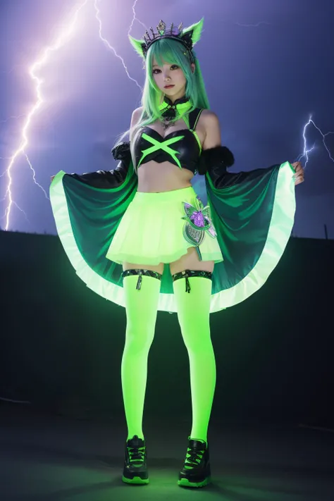 Queen idol who controls lightning、full body Esbian、、luminous costume、、、、Fluorescent Green Hair、、Thunder hair accessories Schnet tights