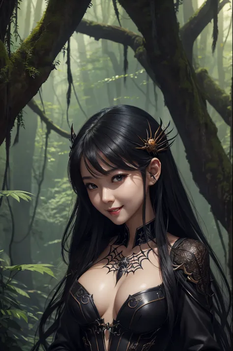 8K,very small breasts,and black dress, Eyes,High quality detailed art by Yang K, fanart best artstation, very detailed Artgerm, inspired by Yang Jin, Fantasy Art Style, super beautiful little girl, tiny chest,Spider crest(Precise workmanship details),Trend...