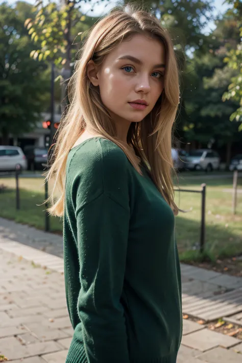 Extremely realistic blonde Russian girl with blonde hair and blue eyes, wearing a dark green jumper, entire body, side picture